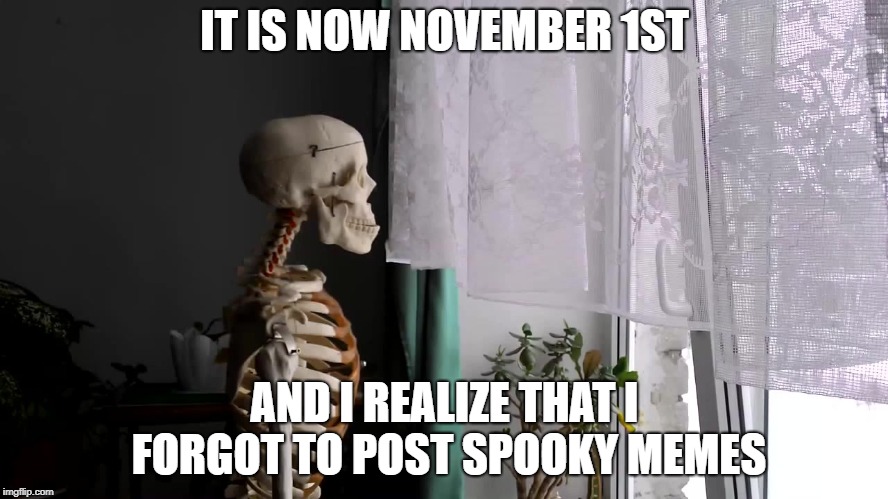 Sad Skeleton | IT IS NOW NOVEMBER 1ST; AND I REALIZE THAT I FORGOT TO POST SPOOKY MEMES | image tagged in sad skeleton | made w/ Imgflip meme maker