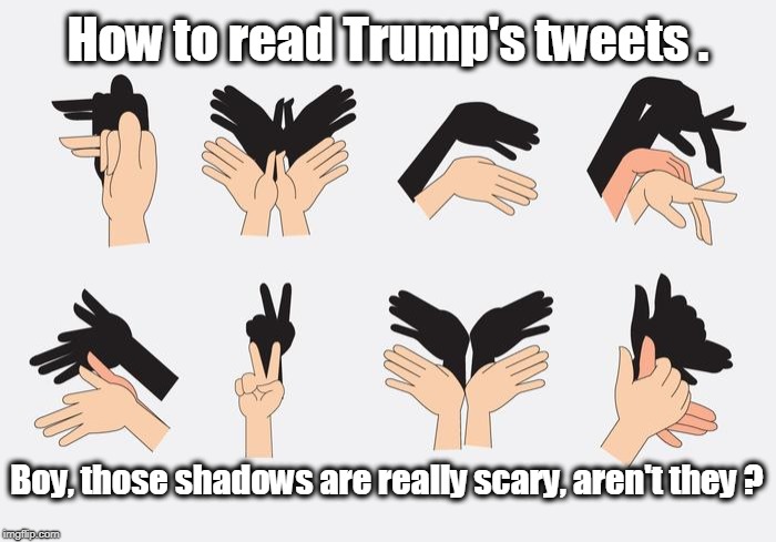 You can break away from the cult. | How to read Trump's tweets . Boy, those shadows are really scary, aren't they ? | image tagged in trump,tweet,shadow,scary | made w/ Imgflip meme maker