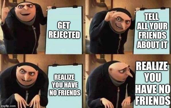 Gru's Plan | GET REJECTED; TELL ALL YOUR FRIENDS ABOUT IT; REALIZE YOU HAVE NO FRIENDS; REALIZE YOU HAVE NO FRIENDS | image tagged in gru's plan | made w/ Imgflip meme maker