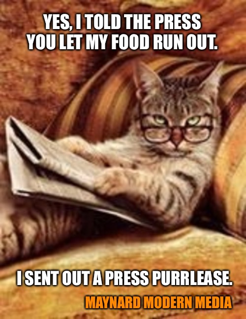 Newspaper cat | YES, I TOLD THE PRESS YOU LET MY FOOD RUN OUT. I SENT OUT A PRESS PURRLEASE. MAYNARD MODERN MEDIA | image tagged in newspaper cat | made w/ Imgflip meme maker