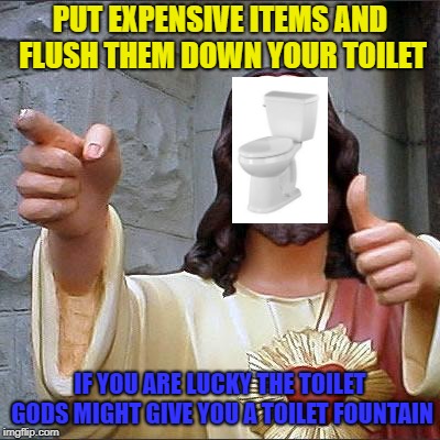Do it, it works | PUT EXPENSIVE ITEMS AND FLUSH THEM DOWN YOUR TOILET; IF YOU ARE LUCKY THE TOILET GODS MIGHT GIVE YOU A TOILET FOUNTAIN | image tagged in memes,buddy christ,toilet,fountain | made w/ Imgflip meme maker