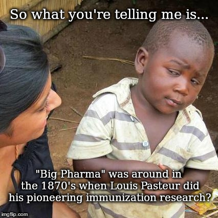 Third World Skeptical Kid Meme | So what you're telling me is... "Big Pharma" was around in the 1870's when Louis Pasteur did his pioneering immunization research? | image tagged in memes,third world skeptical kid | made w/ Imgflip meme maker