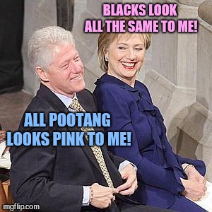 BLACKS LOOK ALL THE SAME TO ME! ALL POOTANG LOOKS PINK TO ME! | image tagged in hillary and bill,the clintons,racist,womanizer | made w/ Imgflip meme maker