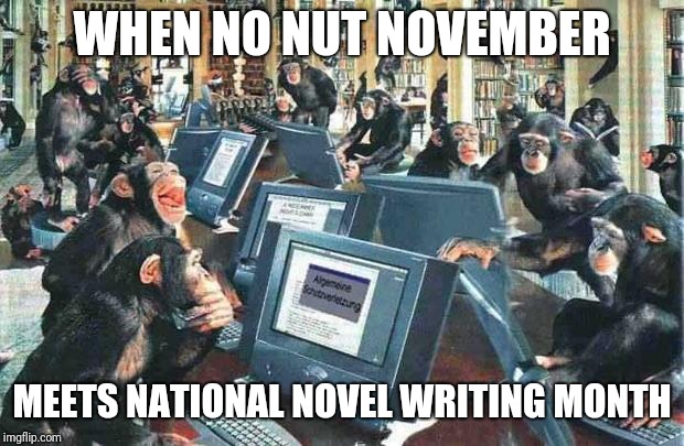 Monkeys on typewriters | WHEN NO NUT NOVEMBER; MEETS NATIONAL NOVEL WRITING MONTH | image tagged in monkeys on typewriters | made w/ Imgflip meme maker