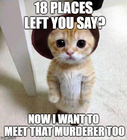 Cute Cat | 18 PLACES LEFT YOU SAY? NOW I WANT TO MEET THAT MURDERER TOO | image tagged in cute cat | made w/ Imgflip meme maker