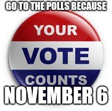 Vote | GO TO THE POLLS BECAUSE; NOVEMBER 6 | image tagged in vote | made w/ Imgflip meme maker