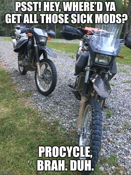 Sick Moto Mods | PSST! HEY, WHERE’D YA GET ALL THOSE SICK MODS? PROCYCLE, BRAH. DUH. | image tagged in mods,motorcycle,motorbike,bikes | made w/ Imgflip meme maker
