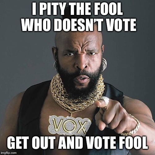 Mr T Pity The Fool | I PITY THE FOOL WHO DOESN’T VOTE; GET OUT AND VOTE FOOL | image tagged in memes,mr t pity the fool | made w/ Imgflip meme maker
