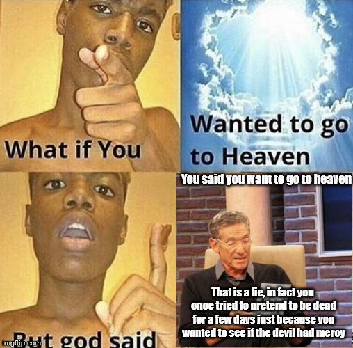 What If You Wanted To Go To Heaven | You said you want to go to heaven; That is a lie, in fact you once tried to pretend to be dead for a few days just because you wanted to see if the devil had mercy | image tagged in what if you wanted to go to heaven | made w/ Imgflip meme maker
