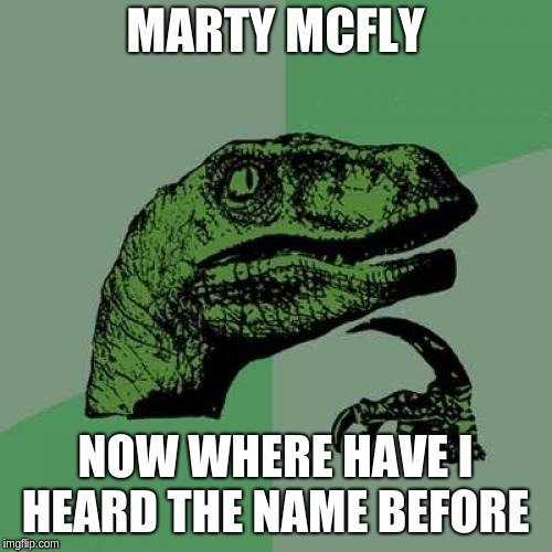 Philosoraptor Meme | MARTY MCFLY; NOW WHERE HAVE I HEARD THE NAME BEFORE | image tagged in memes,philosoraptor | made w/ Imgflip meme maker