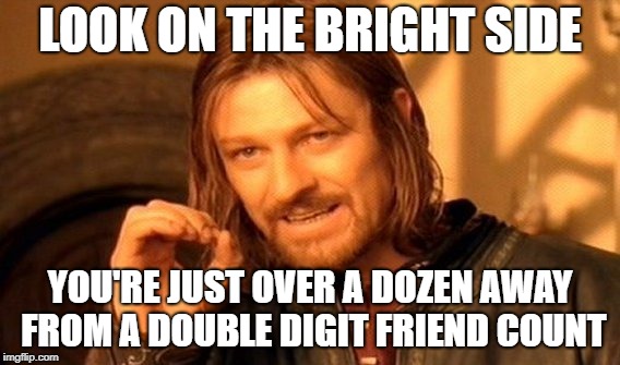 One Does Not Simply Meme | LOOK ON THE BRIGHT SIDE YOU'RE JUST OVER A DOZEN AWAY FROM A DOUBLE DIGIT FRIEND COUNT | image tagged in memes,one does not simply | made w/ Imgflip meme maker
