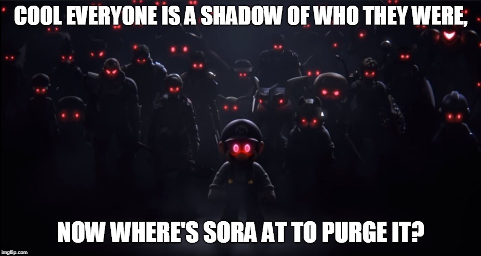 The light in the darkness | COOL EVERYONE IS A SHADOW OF WHO THEY WERE, NOW WHERE'S SORA AT TO PURGE IT? | image tagged in the evil roster,sora,light,super smash bros,the world of light | made w/ Imgflip meme maker