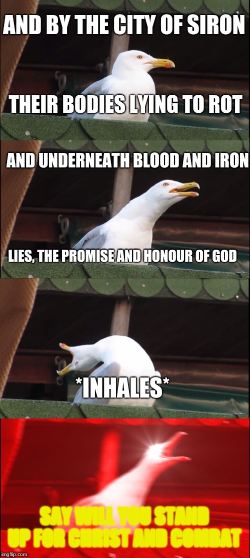 Inhaling Seagull | AND BY THE CITY OF SIRON; THEIR BODIES LYING TO ROT; AND UNDERNEATH BLOOD AND IRON; LIES, THE PROMISE AND HONOUR OF GOD; *INHALES*; SAY WILL YOU STAND UP FOR CHRIST AND COMBAT | image tagged in memes,inhaling seagull | made w/ Imgflip meme maker