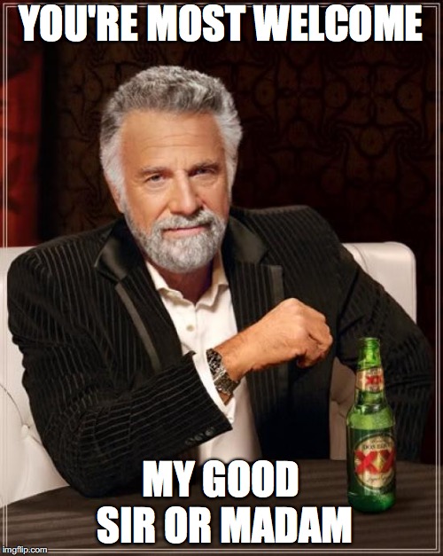 The Most Interesting Man In The World Meme | YOU'RE MOST WELCOME MY GOOD SIR OR MADAM | image tagged in memes,the most interesting man in the world | made w/ Imgflip meme maker