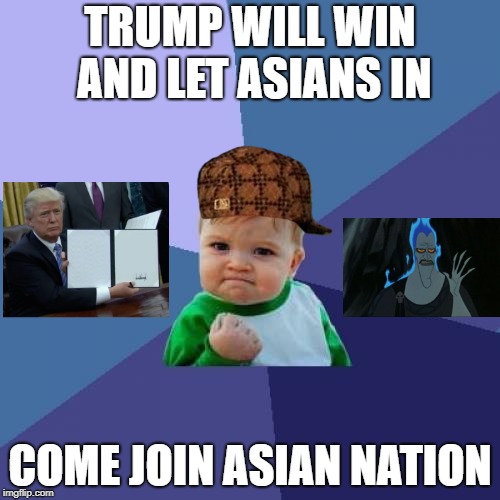 Success Kid | TRUMP WILL WIN AND LET ASIANS IN; COME JOIN ASIAN NATION | image tagged in memes,success kid,scumbag | made w/ Imgflip meme maker
