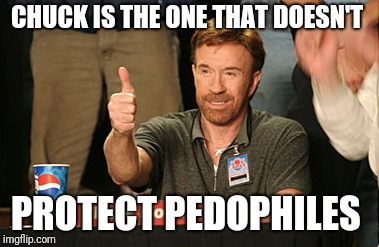Chuck Norris Approves Meme | CHUCK IS THE ONE THAT DOESN'T PROTECT PEDOPHILES | image tagged in memes,chuck norris approves,chuck norris | made w/ Imgflip meme maker