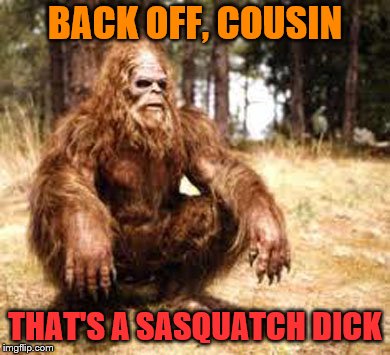 bigfoot | BACK OFF, COUSIN THAT'S A SASQUATCH DICK | image tagged in bigfoot | made w/ Imgflip meme maker