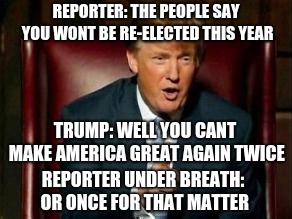 Donald Trump | REPORTER: THE PEOPLE SAY YOU WONT BE RE-ELECTED THIS YEAR; TRUMP: WELL YOU CANT MAKE AMERICA GREAT AGAIN TWICE; REPORTER UNDER BREATH: OR ONCE FOR THAT MATTER | image tagged in donald trump | made w/ Imgflip meme maker