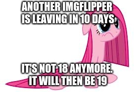 Pinkie Pie very sad | ANOTHER IMGFLIPPER IS LEAVING IN 10 DAYS IT'S NOT 18 ANYMORE. IT WILL THEN BE 19 | image tagged in pinkie pie very sad | made w/ Imgflip meme maker