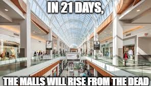 It's a Black Friday joke. | IN 21 DAYS, THE MALLS WILL RISE FROM THE DEAD | image tagged in shopping mall | made w/ Imgflip meme maker