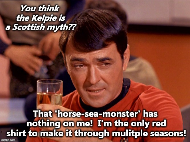 Scotty with Scotch | You think the Kelpie is a Scottish myth?? That 'horse-sea-monster' has nothing on me!  I'm the only red shirt to make it through mulitple seasons! | image tagged in scotty with scotch | made w/ Imgflip meme maker
