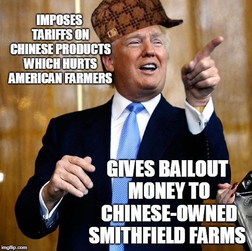 Donal Trump Birthday | IMPOSES TARIFFS ON CHINESE PRODUCTS WHICH HURTS AMERICAN FARMERS; GIVES BAILOUT MONEY TO CHINESE-OWNED SMITHFIELD FARMS | image tagged in donal trump birthday,scumbag | made w/ Imgflip meme maker