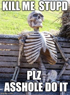 Waiting Skeleton | KILL ME  STUPD; PLZ  ASSHOLE DO IT | image tagged in memes,waiting skeleton | made w/ Imgflip meme maker