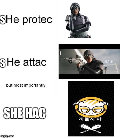 he protec | S; S; SHE HAC | image tagged in he protec | made w/ Imgflip meme maker