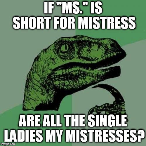 Philosoraptor Meme | IF "MS." IS SHORT FOR MISTRESS; ARE ALL THE SINGLE LADIES MY MISTRESSES? | image tagged in memes,philosoraptor | made w/ Imgflip meme maker