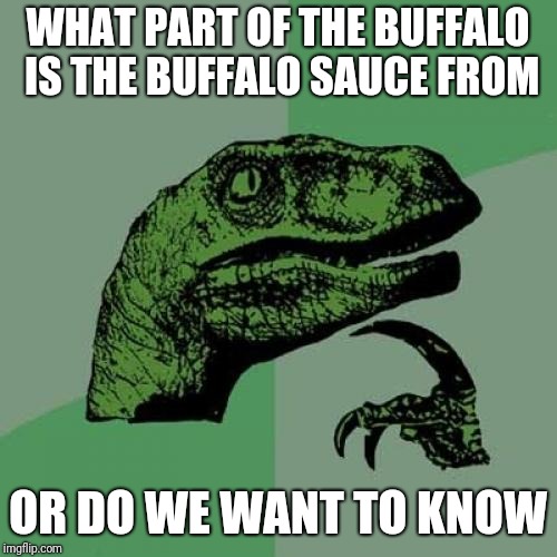 Philosoraptor Meme | WHAT PART OF THE BUFFALO IS THE BUFFALO SAUCE FROM; OR DO WE WANT TO KNOW | image tagged in memes,philosoraptor | made w/ Imgflip meme maker