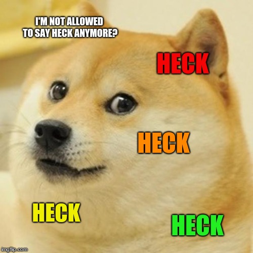 Doge Meme | I'M NOT ALLOWED TO SAY HECK ANYMORE? HECK; HECK; HECK; HECK | image tagged in memes,doge | made w/ Imgflip meme maker