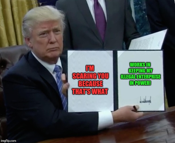 Boo!  | I'M SCARING YOU BECAUSE THAT'S WHAT; WORKS IN KEEPING MY ILLEGAL ENTERPRISE IN POWER! | image tagged in memes,trump bill signing,donald trump,republicans,democrats | made w/ Imgflip meme maker