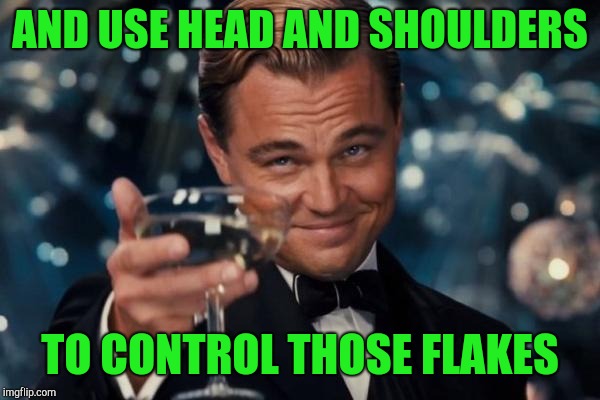 Leonardo Dicaprio Cheers Meme | AND USE HEAD AND SHOULDERS TO CONTROL THOSE FLAKES | image tagged in memes,leonardo dicaprio cheers | made w/ Imgflip meme maker