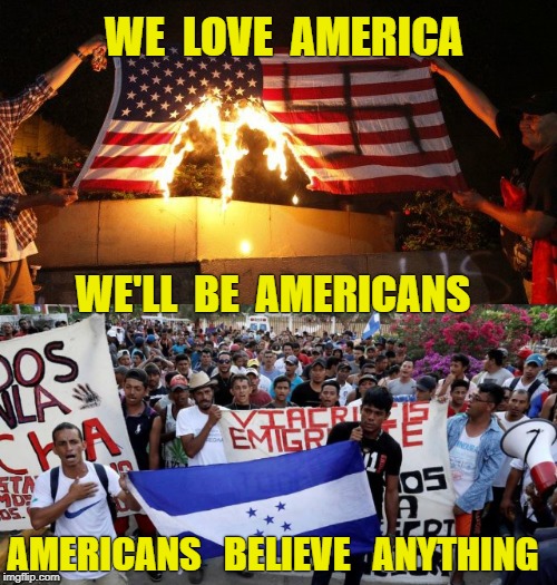 The continued invasion by illegal aliens is disasterous | WE  LOVE  AMERICA; WE'LL  BE  AMERICANS; AMERICANS   BELIEVE   ANYTHING | image tagged in illegal immigration,immigration,caravan,illegal aliens,democrats | made w/ Imgflip meme maker
