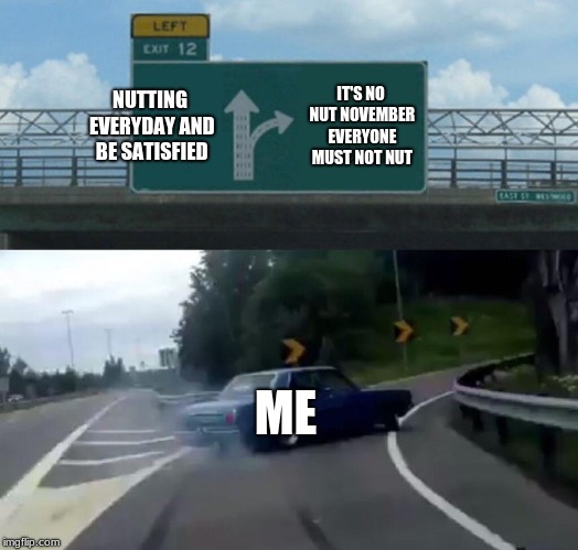 Left Exit 12 Off Ramp Meme | NUTTING EVERYDAY AND BE SATISFIED; IT'S NO NUT NOVEMBER EVERYONE MUST NOT NUT; ME | image tagged in memes,left exit 12 off ramp | made w/ Imgflip meme maker