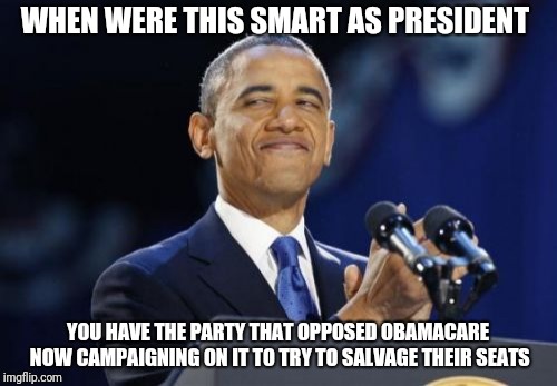 2nd Term Obama Meme | WHEN WERE THIS SMART AS PRESIDENT; YOU HAVE THE PARTY THAT OPPOSED OBAMACARE NOW CAMPAIGNING ON IT TO TRY TO SALVAGE THEIR SEATS | image tagged in memes,2nd term obama | made w/ Imgflip meme maker