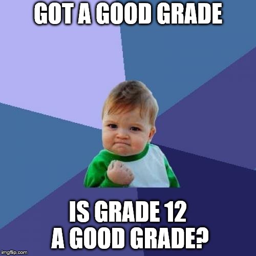 Success Kid Meme | GOT A GOOD GRADE; IS GRADE 12 A GOOD GRADE? | image tagged in memes,success kid | made w/ Imgflip meme maker