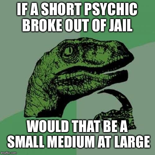 Philosoraptor Meme | IF A SHORT PSYCHIC BROKE OUT OF JAIL; WOULD THAT BE A SMALL MEDIUM AT LARGE | image tagged in memes,philosoraptor | made w/ Imgflip meme maker