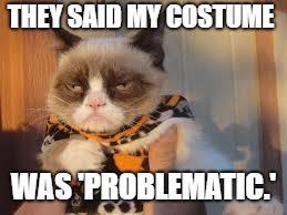 Grumpy Cat Halloween Meme | THEY SAID MY COSTUME; WAS 'PROBLEMATIC.' | image tagged in memes,grumpy cat halloween,grumpy cat | made w/ Imgflip meme maker