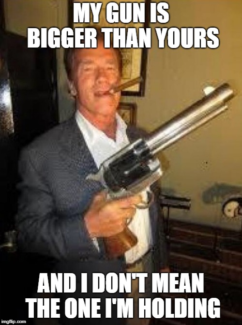 Arnold gun control | MY GUN IS BIGGER THAN YOURS; AND I DON'T MEAN THE ONE I'M HOLDING | image tagged in arnold gun control | made w/ Imgflip meme maker