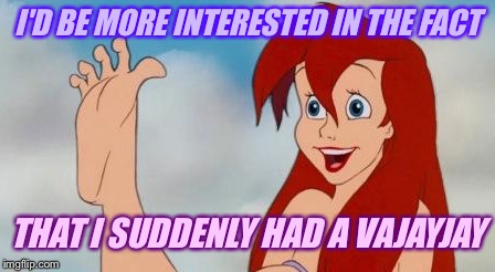 Little mermaid legs | I'D BE MORE INTERESTED IN THE FACT THAT I SUDDENLY HAD A VAJAYJAY | image tagged in little mermaid legs | made w/ Imgflip meme maker