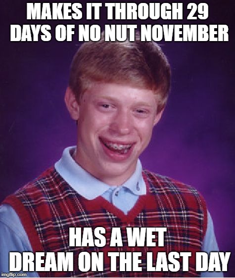 I'll feel bad if this were to happen to anybody | MAKES IT THROUGH 29 DAYS OF NO NUT NOVEMBER; HAS A WET DREAM ON THE LAST DAY | image tagged in memes,bad luck brian,funny,november,nuts,doctordoomsday180 | made w/ Imgflip meme maker