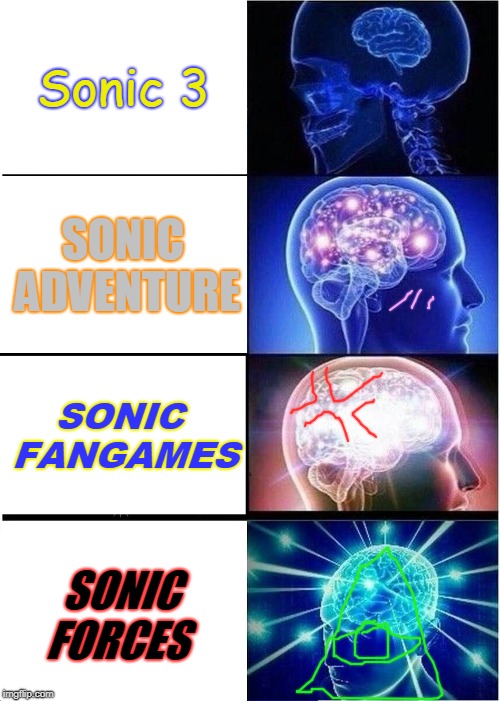 When i Play Sonic Games | Sonic 3; SONIC ADVENTURE; SONIC FANGAMES; SONIC 
FORCES | image tagged in memes,expanding brain | made w/ Imgflip meme maker