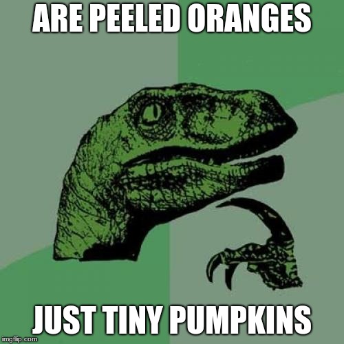 are they close relatives or not? | ARE PEELED ORANGES; JUST TINY PUMPKINS | image tagged in memes,philosoraptor | made w/ Imgflip meme maker