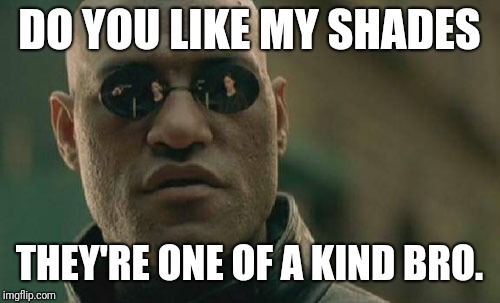 Matrix Morpheus Meme | DO YOU LIKE MY SHADES; THEY'RE ONE OF A KIND BRO. | image tagged in memes,matrix morpheus | made w/ Imgflip meme maker