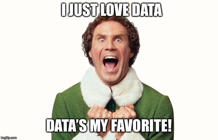 Buddy the elf excited | I JUST LOVE DATA; DATA’S MY FAVORITE! | image tagged in buddy the elf excited | made w/ Imgflip meme maker