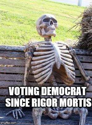 Waiting Skeleton Meme | VOTING DEMOCRAT SINCE RIGOR MORTIS | image tagged in memes,waiting skeleton | made w/ Imgflip meme maker