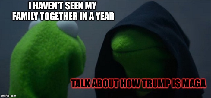 Evil Kermit Meme | I HAVEN'T SEEN MY FAMILY TOGETHER IN A YEAR TALK ABOUT HOW TRUMP IS MAGA | image tagged in memes,evil kermit | made w/ Imgflip meme maker