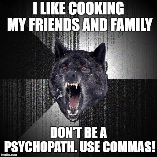 Insanity Wolf | I LIKE COOKING MY FRIENDS AND FAMILY; DON'T BE A PSYCHOPATH. USE COMMAS! | image tagged in memes,insanity wolf | made w/ Imgflip meme maker