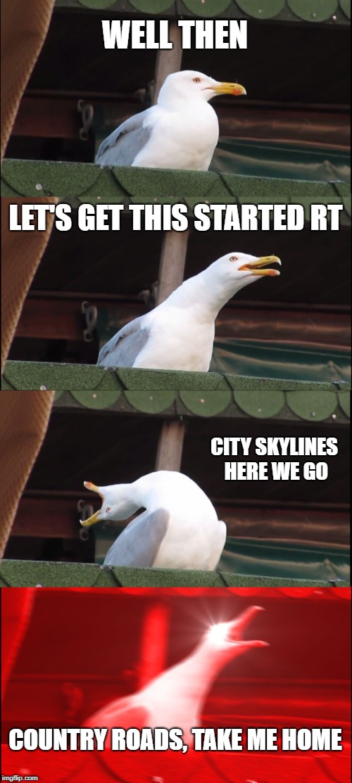 Inhaling Seagull | WELL THEN; LET'S GET THIS STARTED RT; CITY SKYLINES HERE WE GO; COUNTRY ROADS, TAKE ME HOME | image tagged in memes,inhaling seagull | made w/ Imgflip meme maker